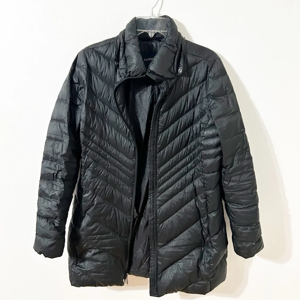 Lands’ End Longer Length Front Zip Down Puffer Coat Parka NO Hood Pockets Black